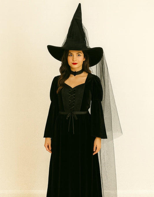 Person wearing a black witch costume with a pointed Witch Hat and long dress on a beige background.