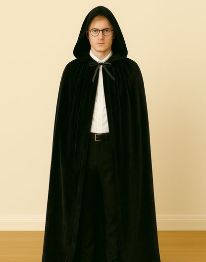 Person wearing a black hooded Wizard Robe against a beige wall.