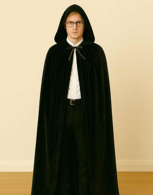 Person wearing a black hooded Wizard Robe against a beige wall.