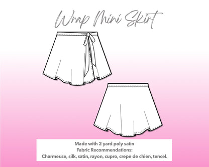 Illustration and detailed description for Wrap Mini Circle Skirt sewing pattern.