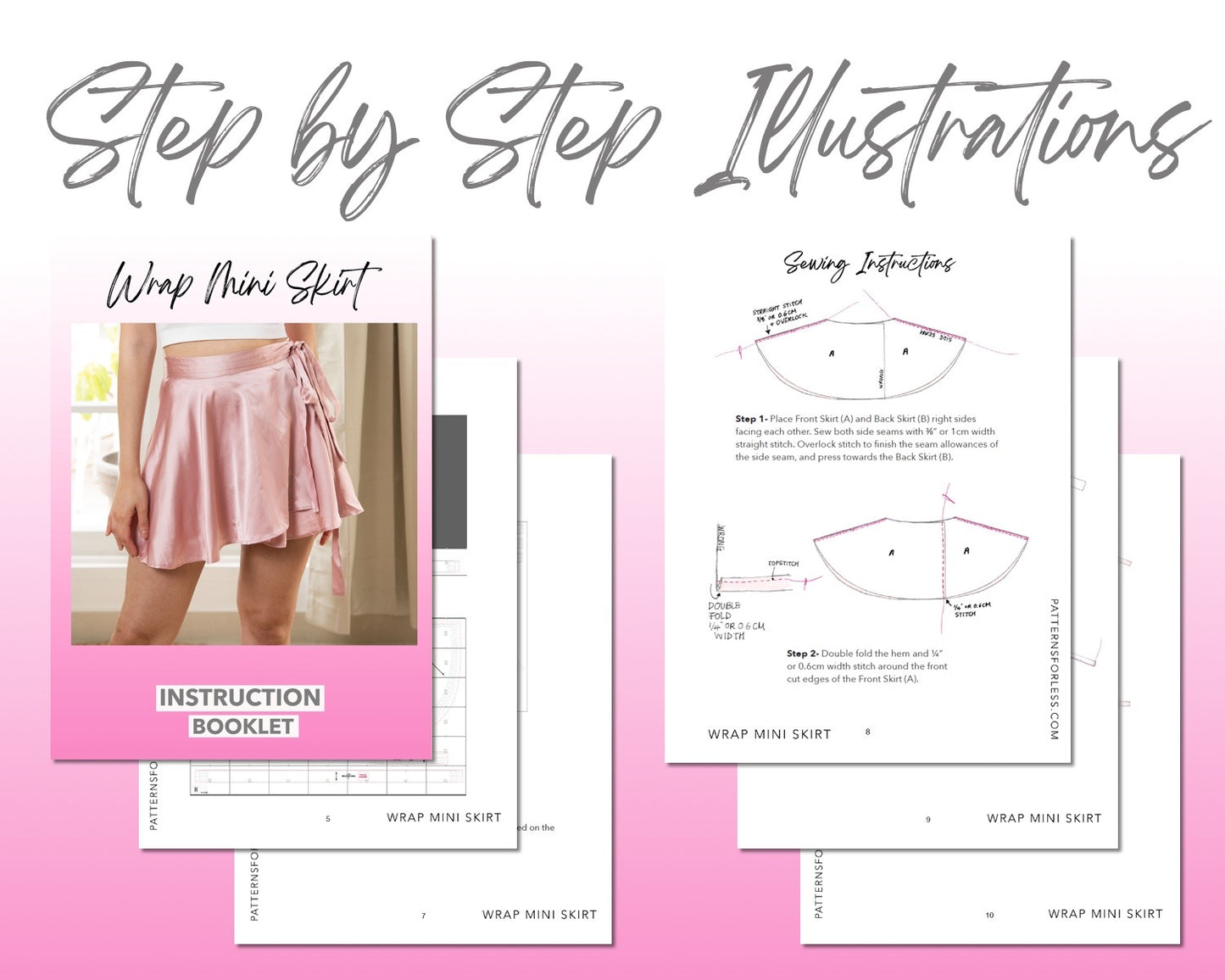 Wrap Mini Circle Skirt sewing pattern step by step illustrations.