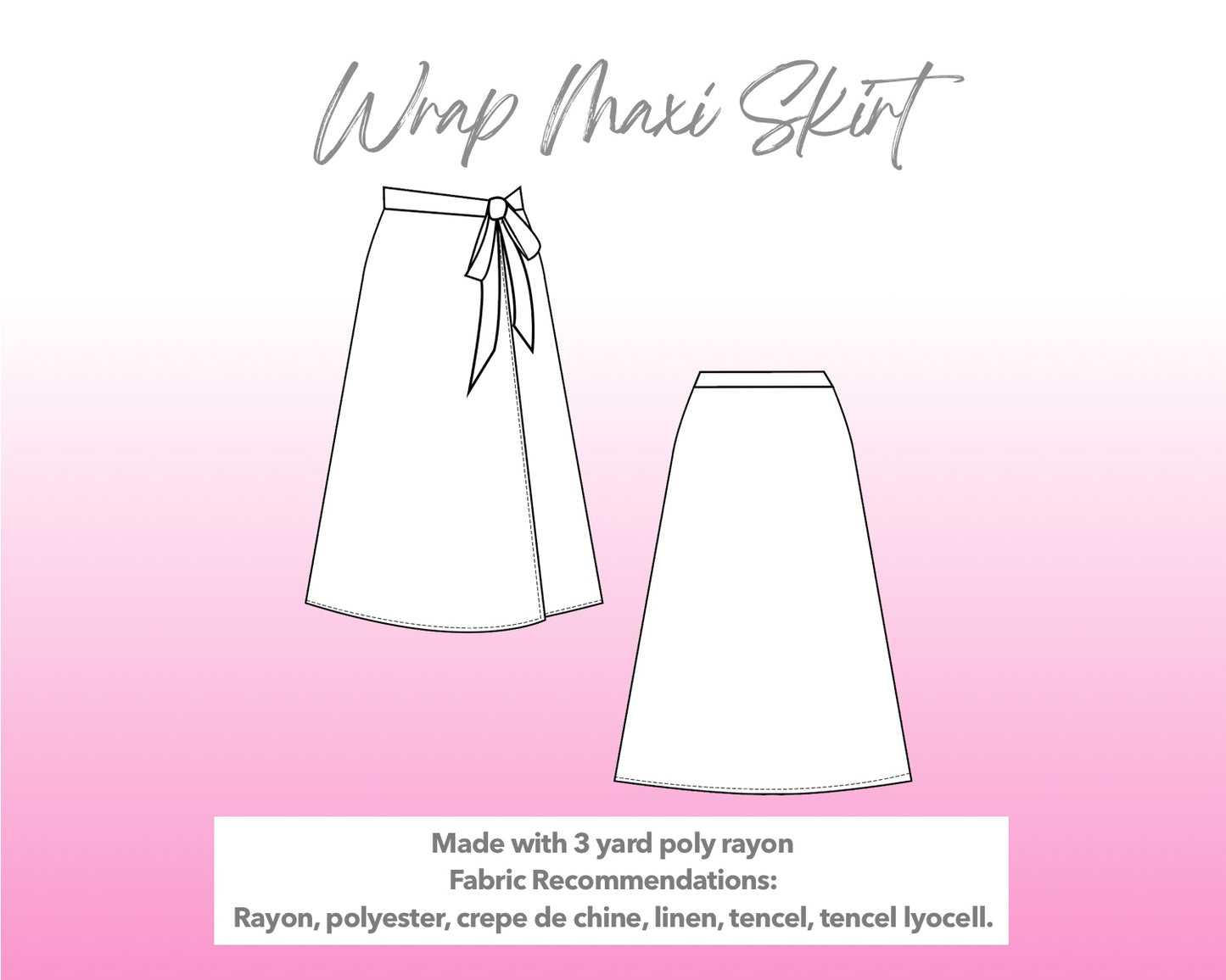 Illustration and detailed description for Wrap Side Tie Maxi Skirt sewing pattern.