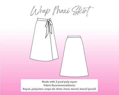 Illustration and detailed description for Wrap Side Tie Maxi Skirt sewing pattern.