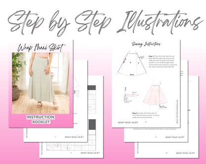 Wrap Side Tie Maxi Skirt sewing pattern step by step illustrations.