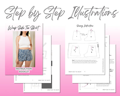 Wrap Side Tie Skort sewing pattern step by step illustrations.