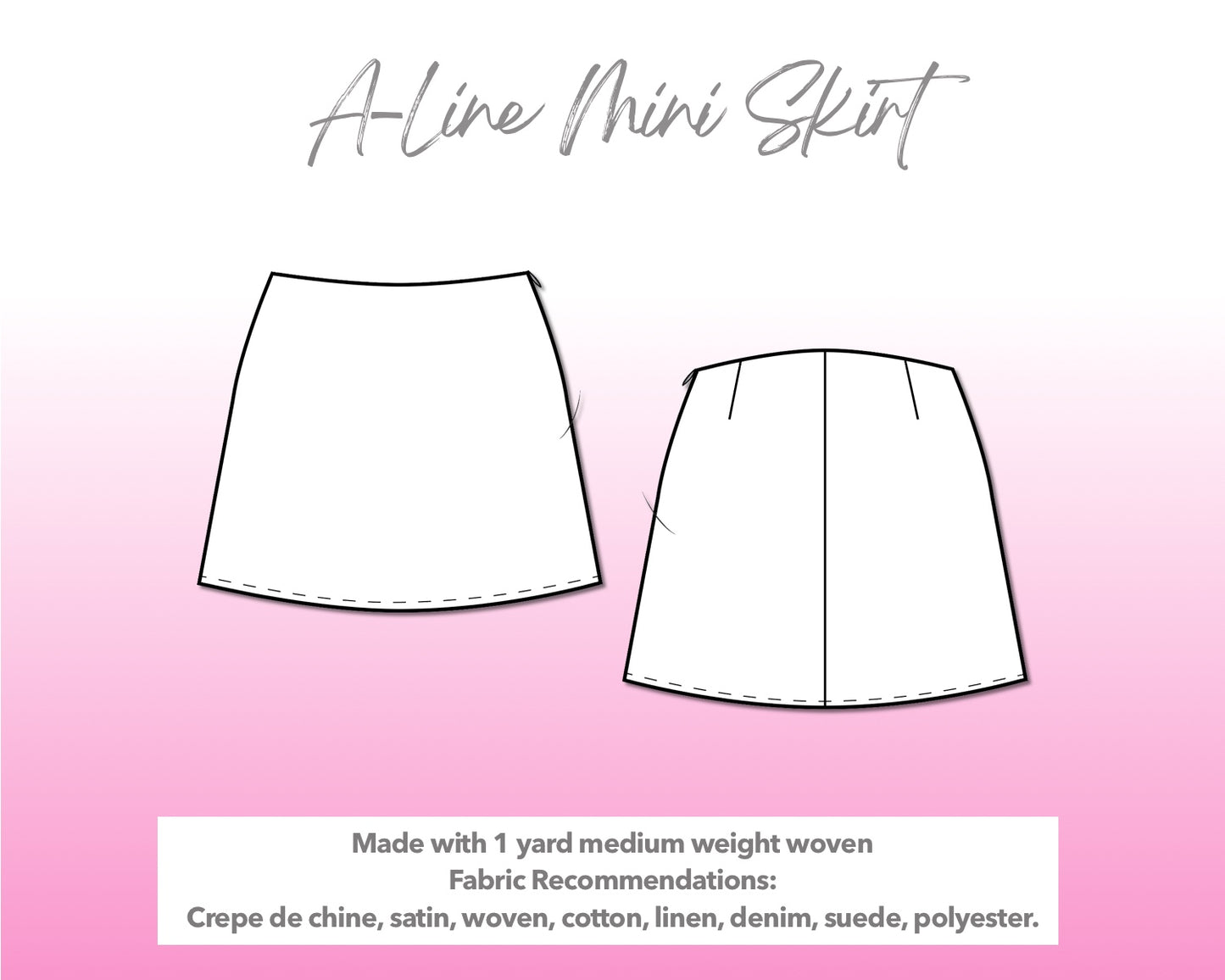 Illustration and detailed description for A Line Mini Skirt sewing pattern.