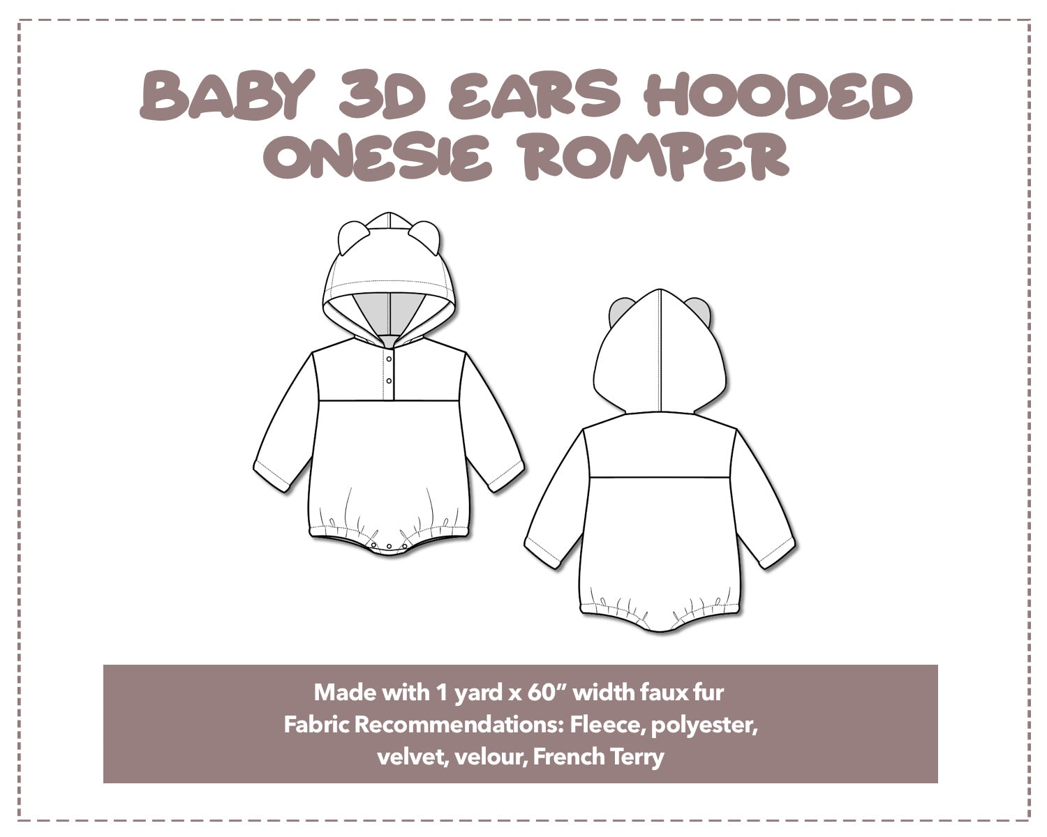 Illustration and detailed description for Baby 3D Ears Hooded Onesie Romper sewing pattern.