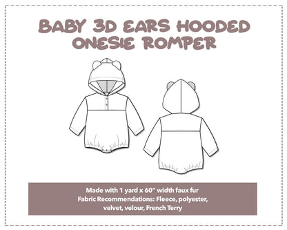 Illustration and detailed description for Baby 3D Ears Hooded Onesie Romper sewing pattern.