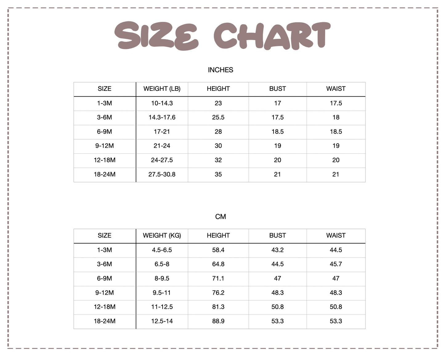 Patterns For Kidz size chart.