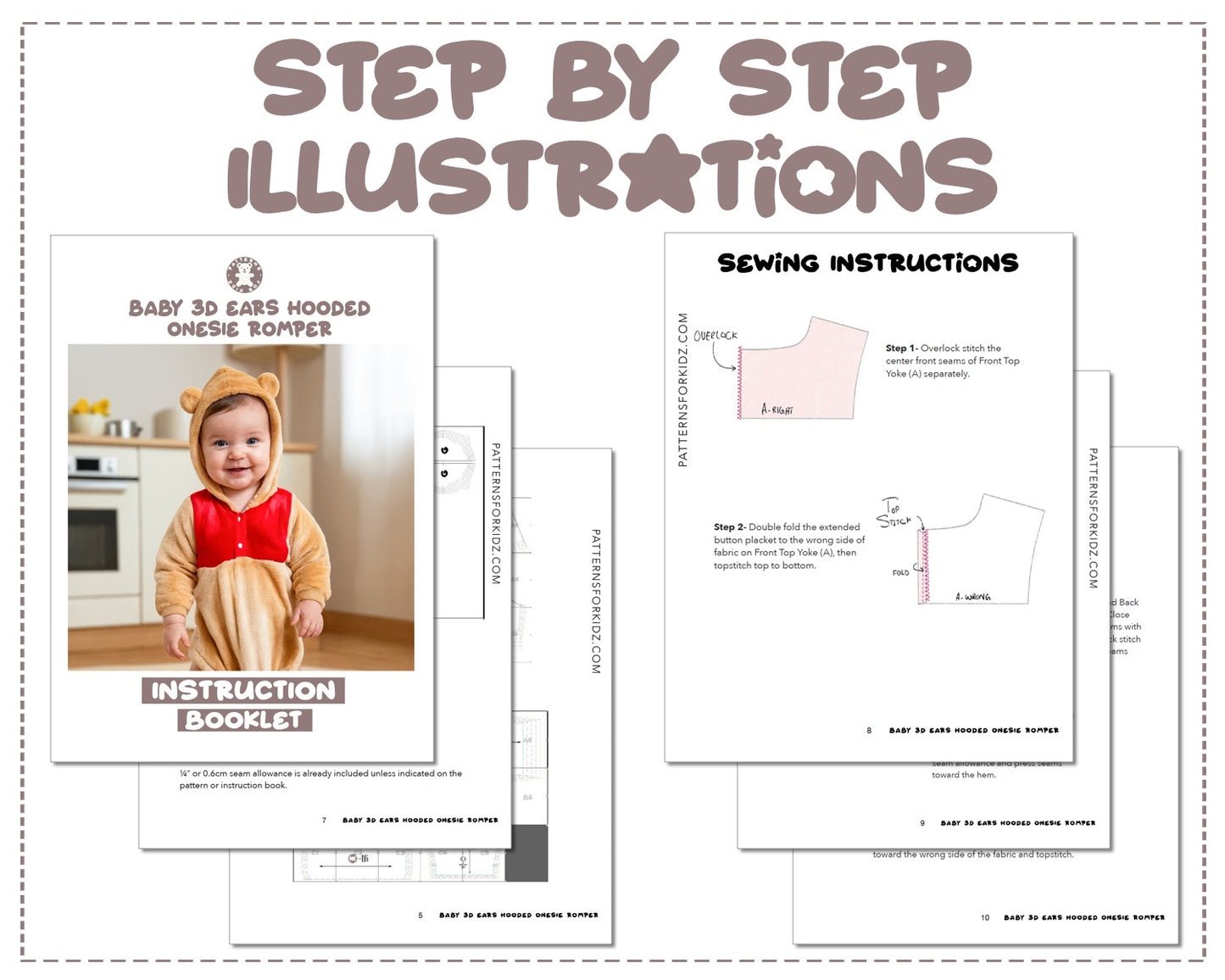 Baby 3D Ears Hooded Onesie Romper sewing pattern step by step illustrations.