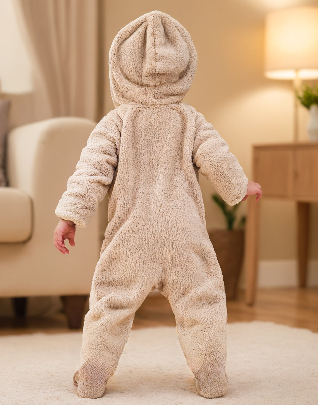 Back view of Baby Bear Ear Hooded Zipper Front Jumpsuit.