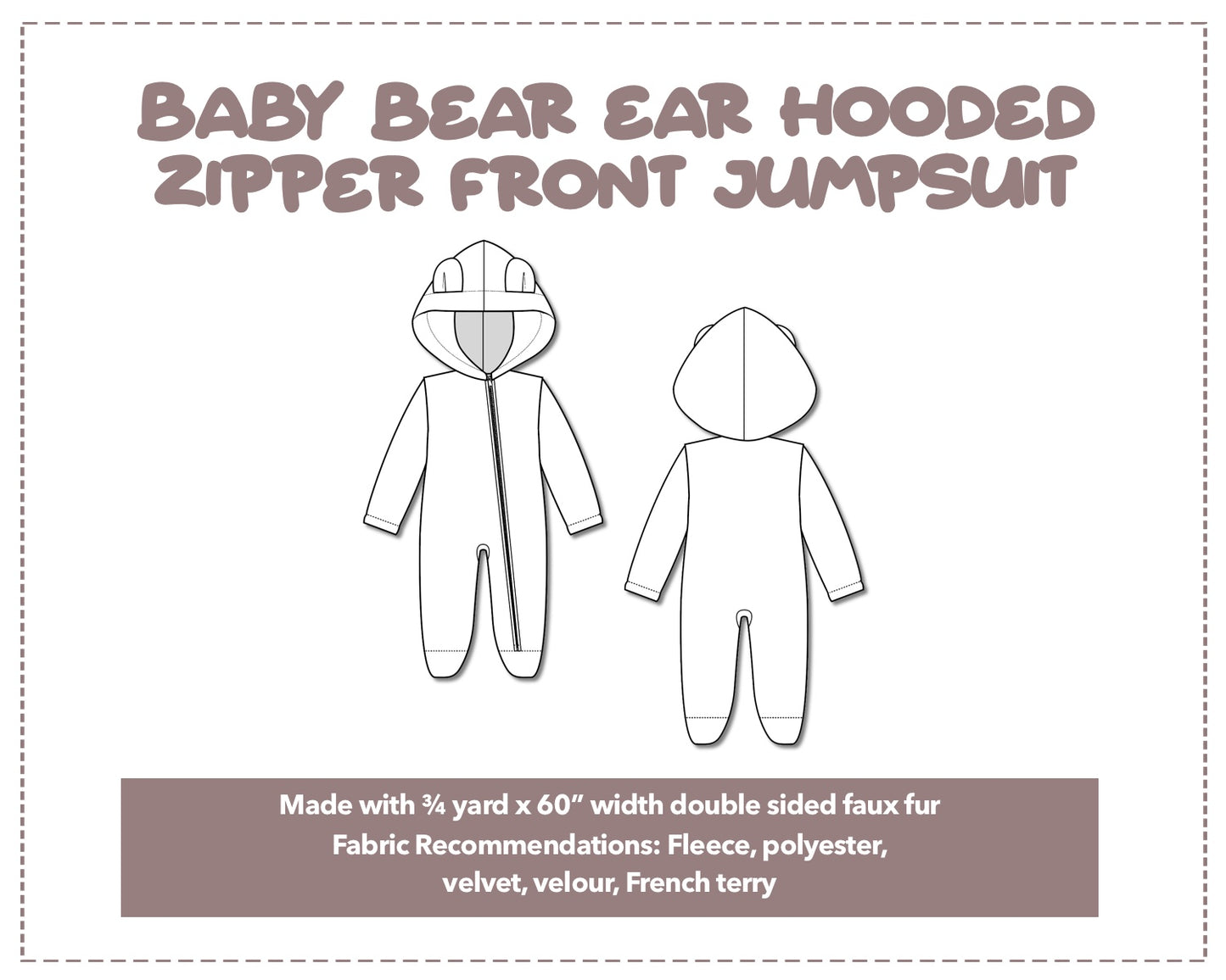 Illustration and detailed description for Baby Bear Ear Hooded Zipper Front Jumpsuit sewing pattern.