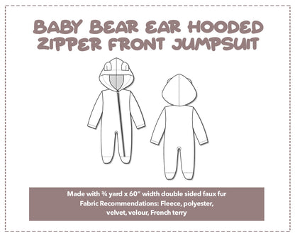 Illustration and detailed description for Baby Bear Ear Hooded Zipper Front Jumpsuit sewing pattern.