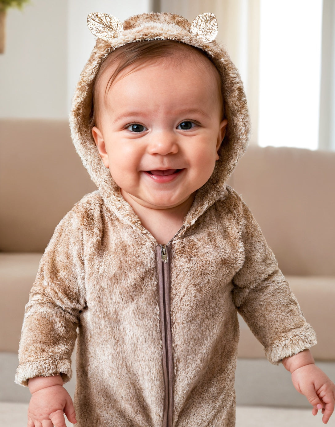 Closeup of Baby Bear Ear Hooded Zipper Front Jumpsuit.