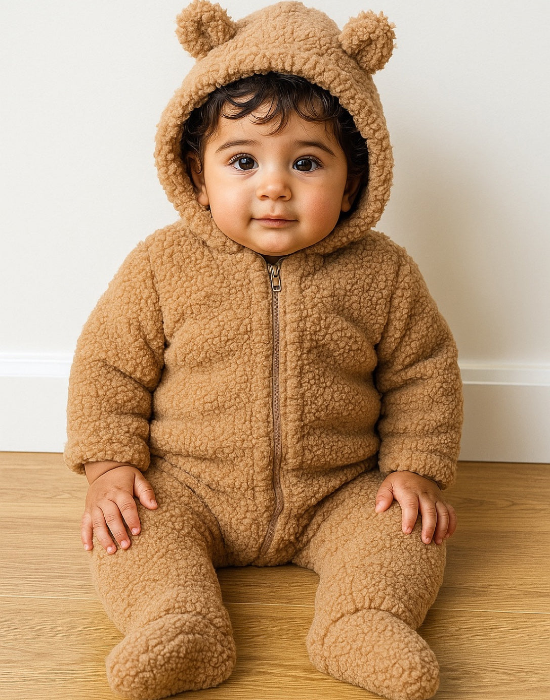 Baby wearing a brown teddy bear onesie sitting on a wooden floor.
