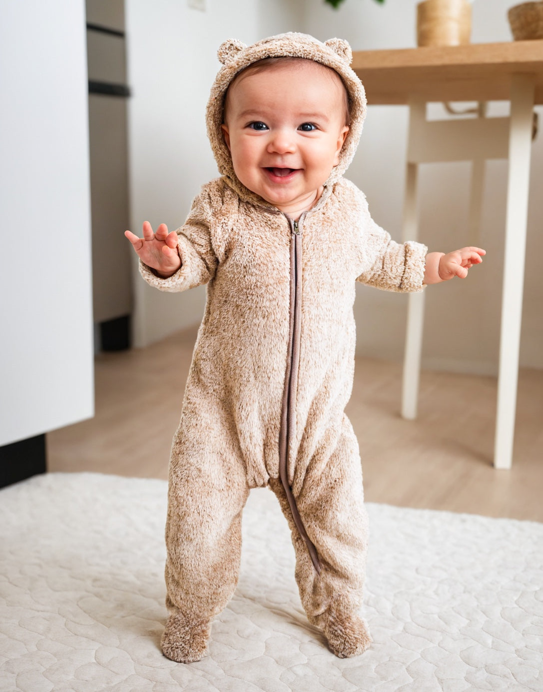 Front view of Baby Bear Ear Hooded Zipper Front Jumpsuit.