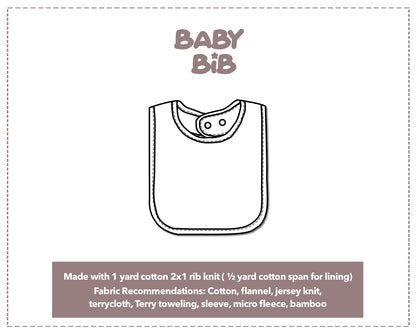 Illustration and detailed description for Baby Bib sewing pattern.