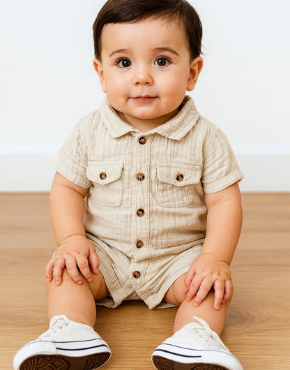 A baby boy wearing a beige flap pocket shirt romper with a collar and short sleeves.