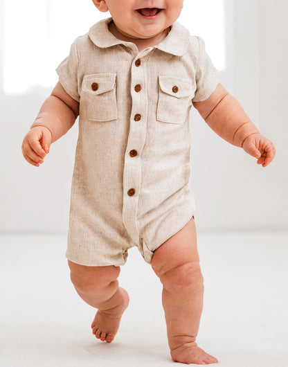 Front view of Baby Boy Flap Pocket Shirt Romper.