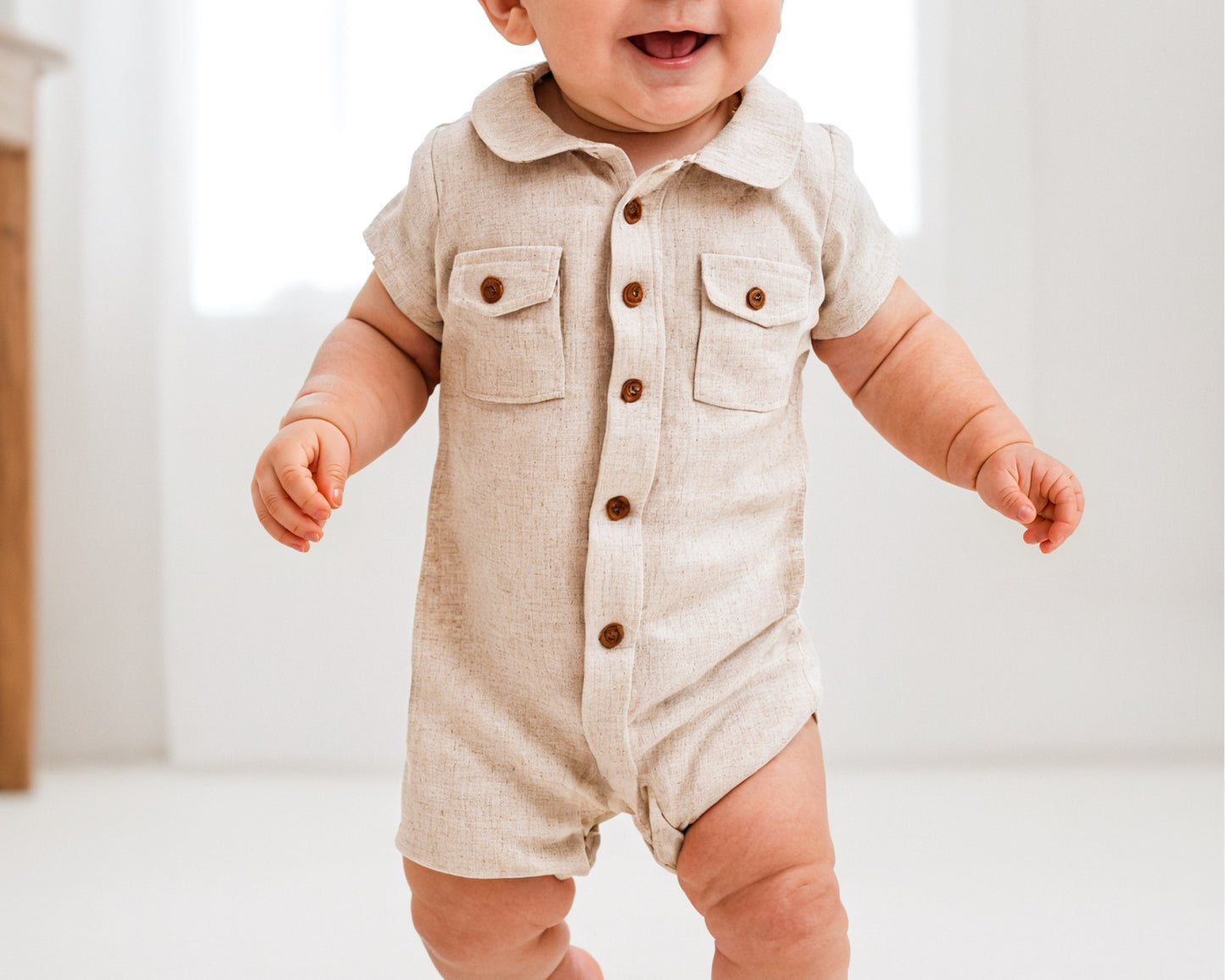 Front view of Baby Boy Flap Pocket Shirt Romper.