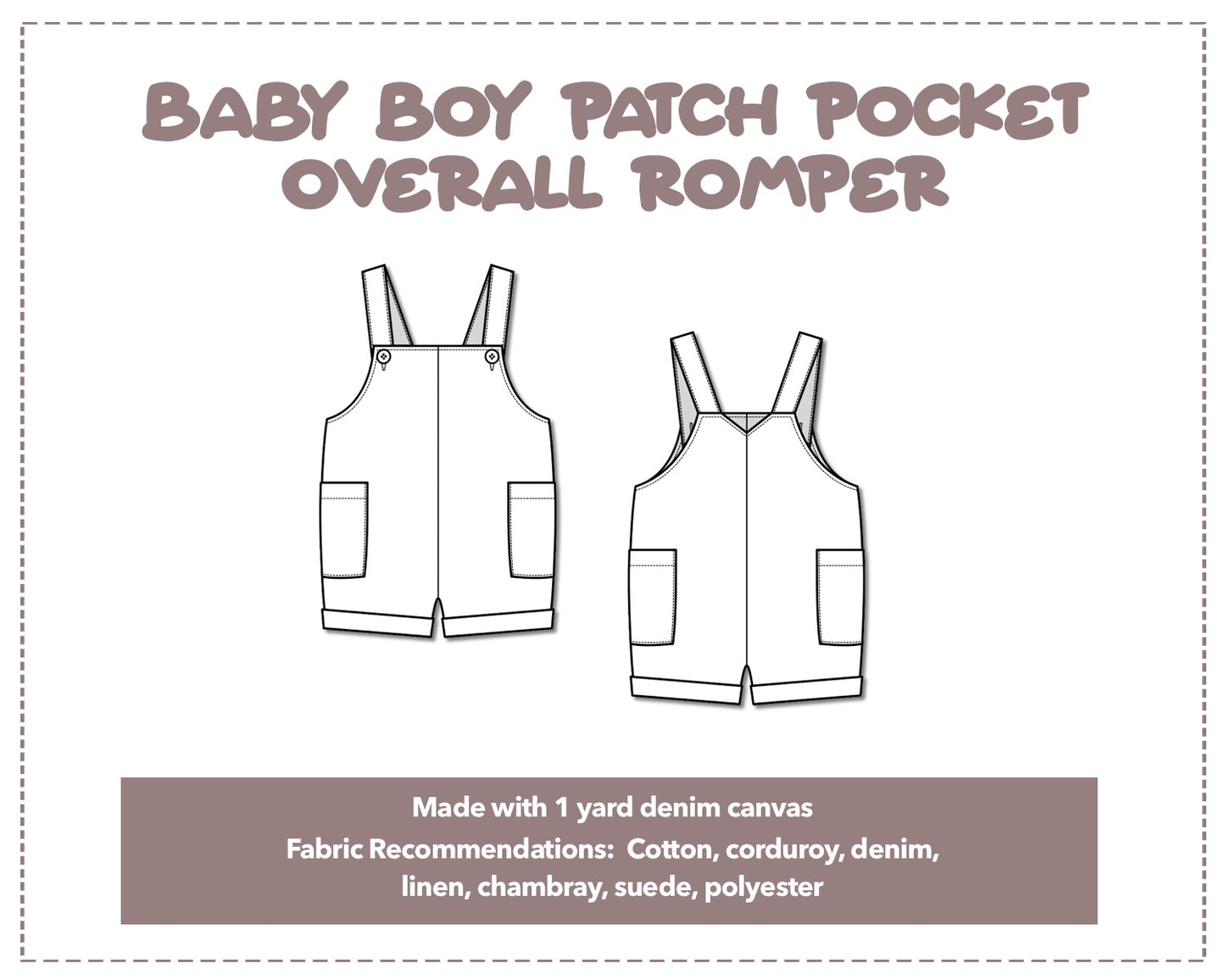 Illustration and detailed description for Baby Boy Patch Pocket Overall Romper sewing pattern.