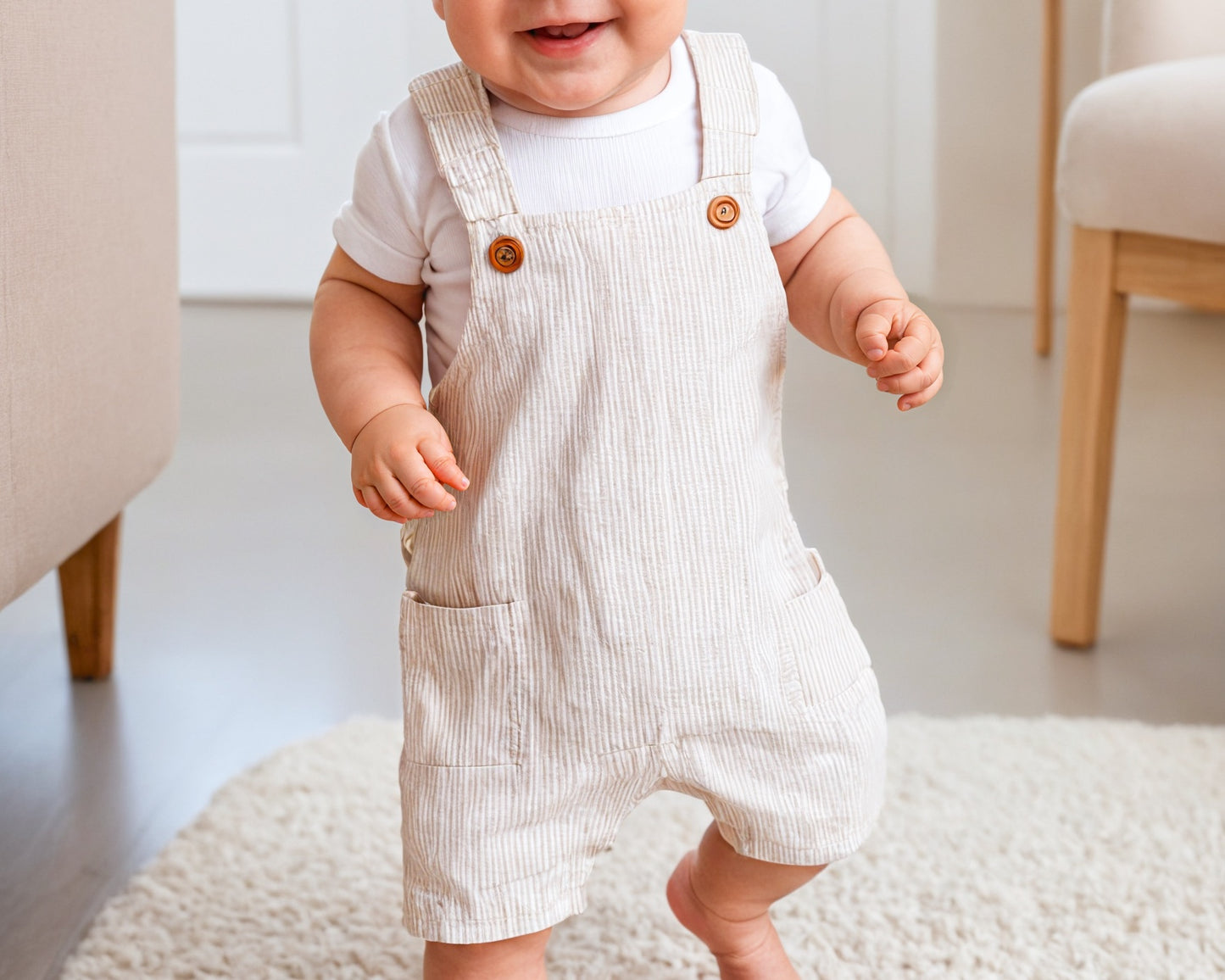 Front view of Baby Boy Patch Pocket Overall Romper.