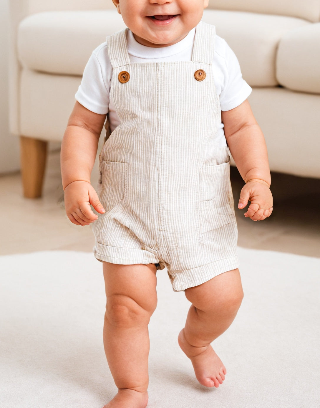 Side view of Baby Boy Patch Pocket Overall Romper.