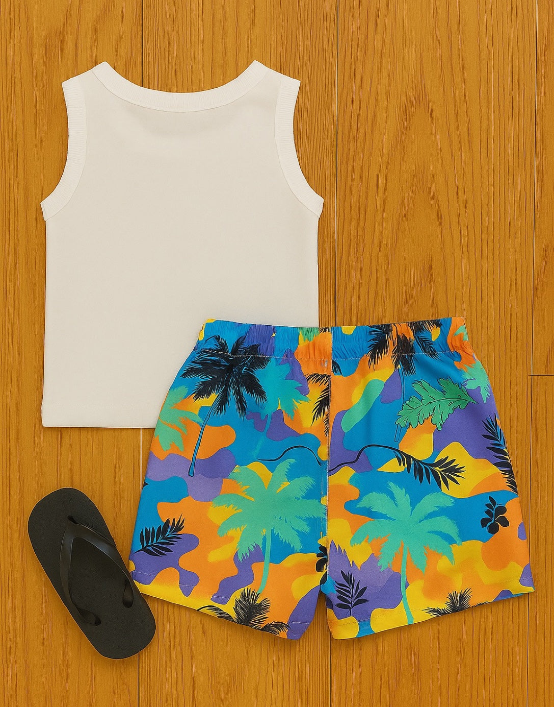 Back view of white tank top and colorful tropical Baby Boy Swim Shorts on a wooden surface.