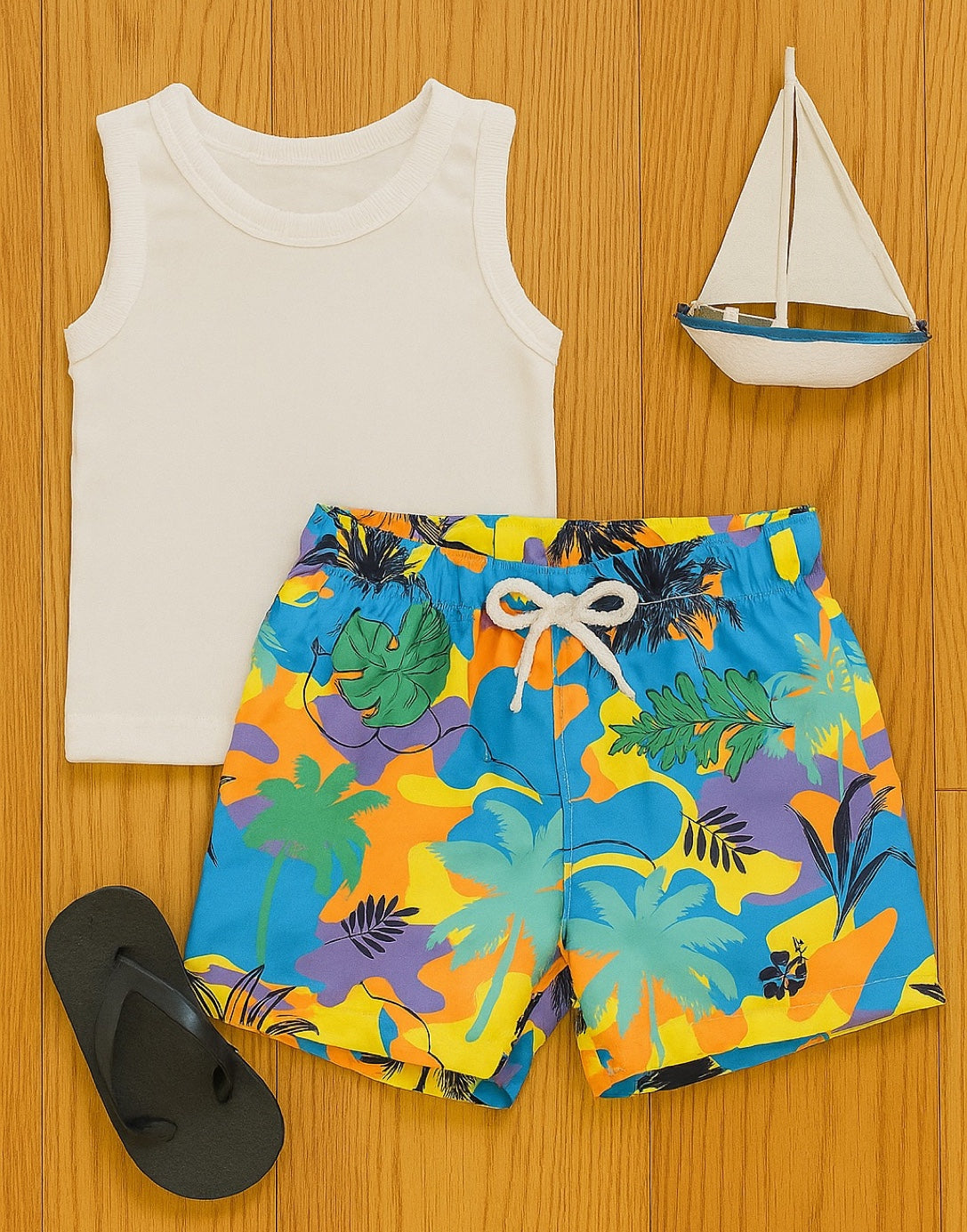 White tank top and colorful tropical Baby Boy Swim Shorts on a wooden surface with a toy sailboat.