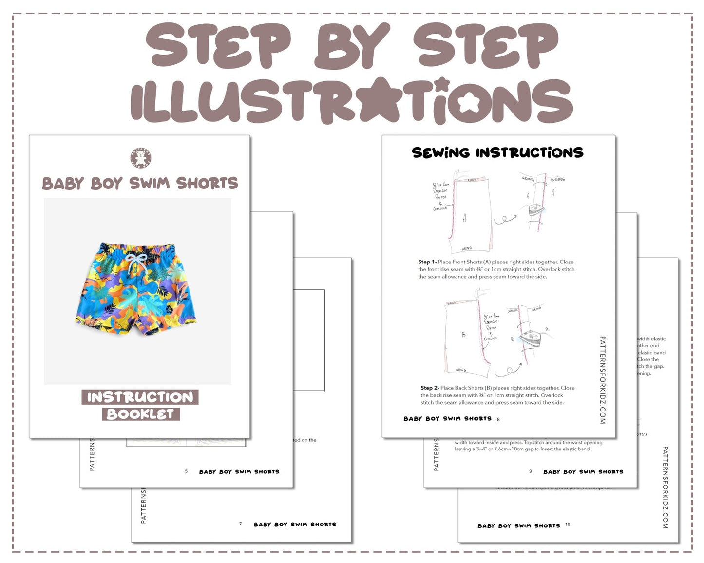 Baby Boy Swim Shorts sewing pattern step by step illustrations.