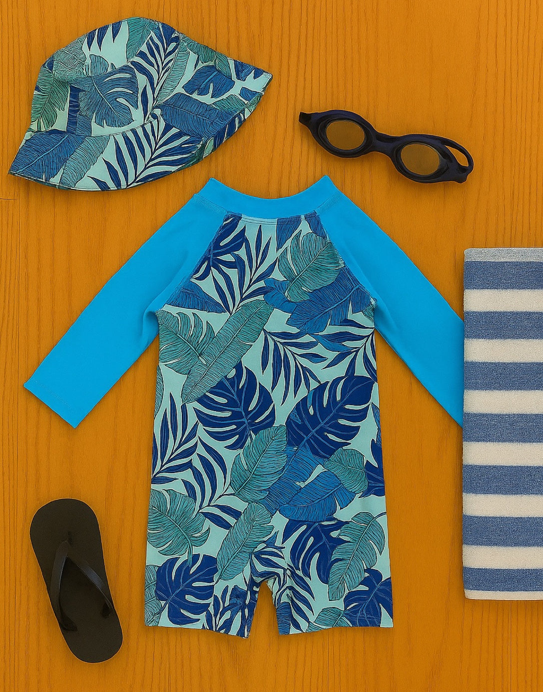 Back view of blue and white leaf-patterned Baby Boy Zipper Front One Piece Swimsuit with a matching bucket hat, black sandal, swim goggles and striped beach towel.