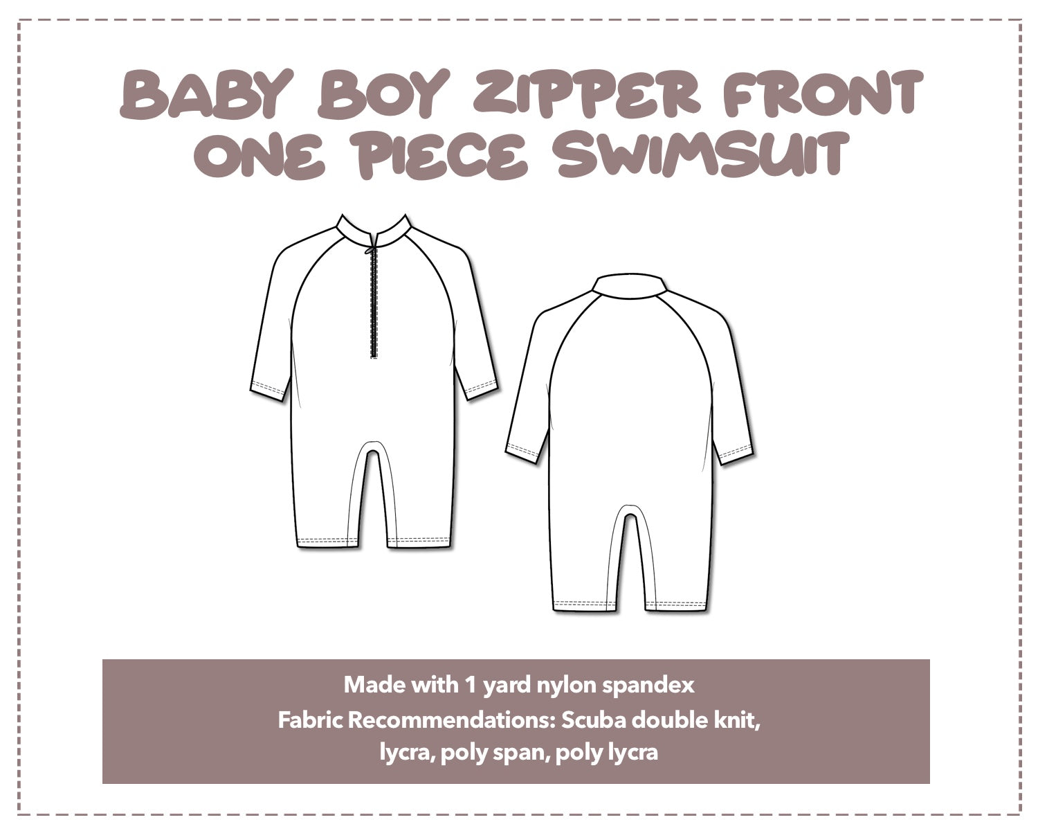 Illustration and detailed description for Baby Boy Zipper Front One Piece Swimsuit sewing pattern.