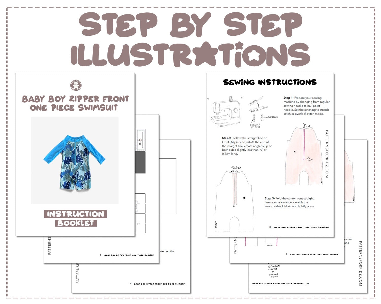 Baby Boy Zipper Front One Piece Swimsuit sewing pattern step by step illustrations.