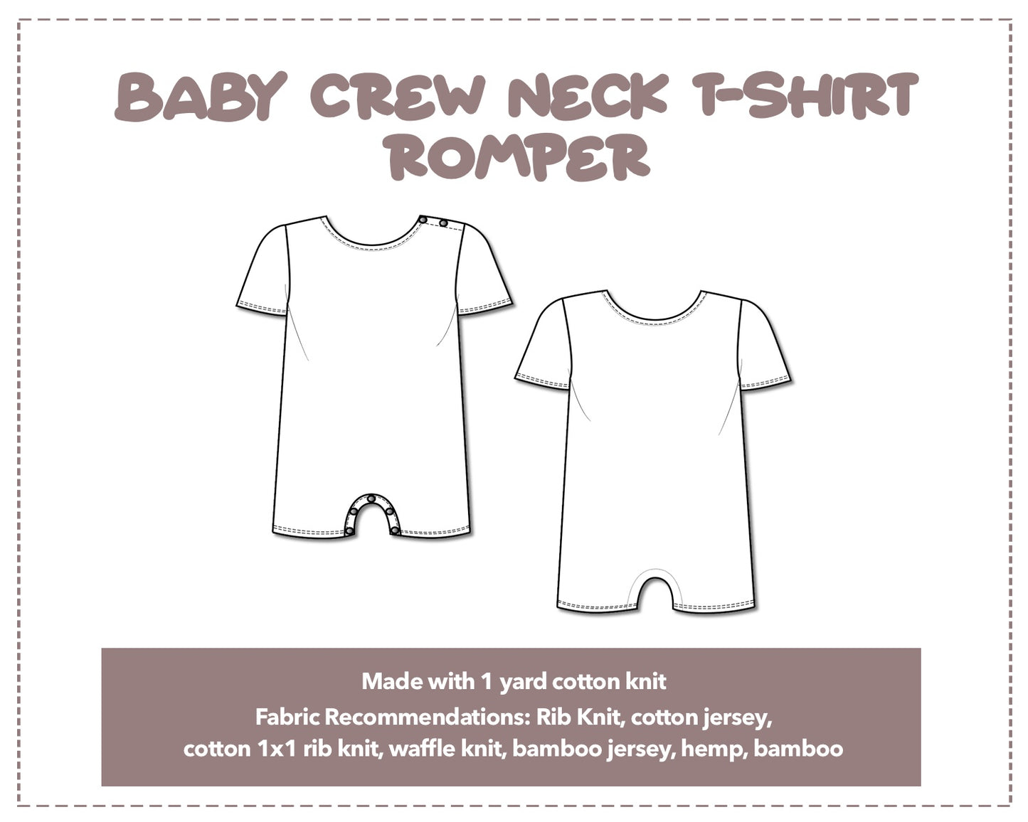 Illustration and detailed description for Baby Crew Neck T-Shirt Romper sewing pattern.