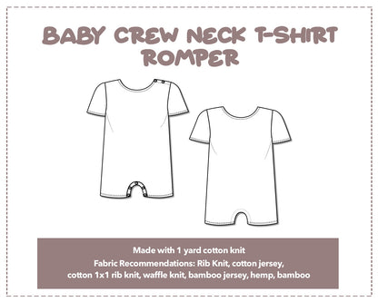 Illustration and detailed description for Baby Crew Neck T-Shirt Romper sewing pattern.