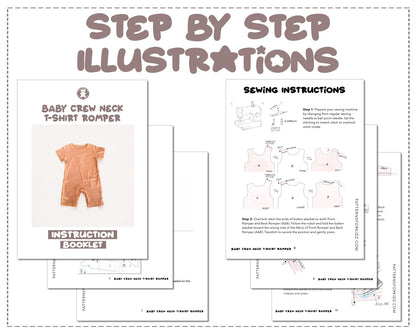 Baby Crew Neck T-Shirt Romper sewing pattern step by step illustrations.