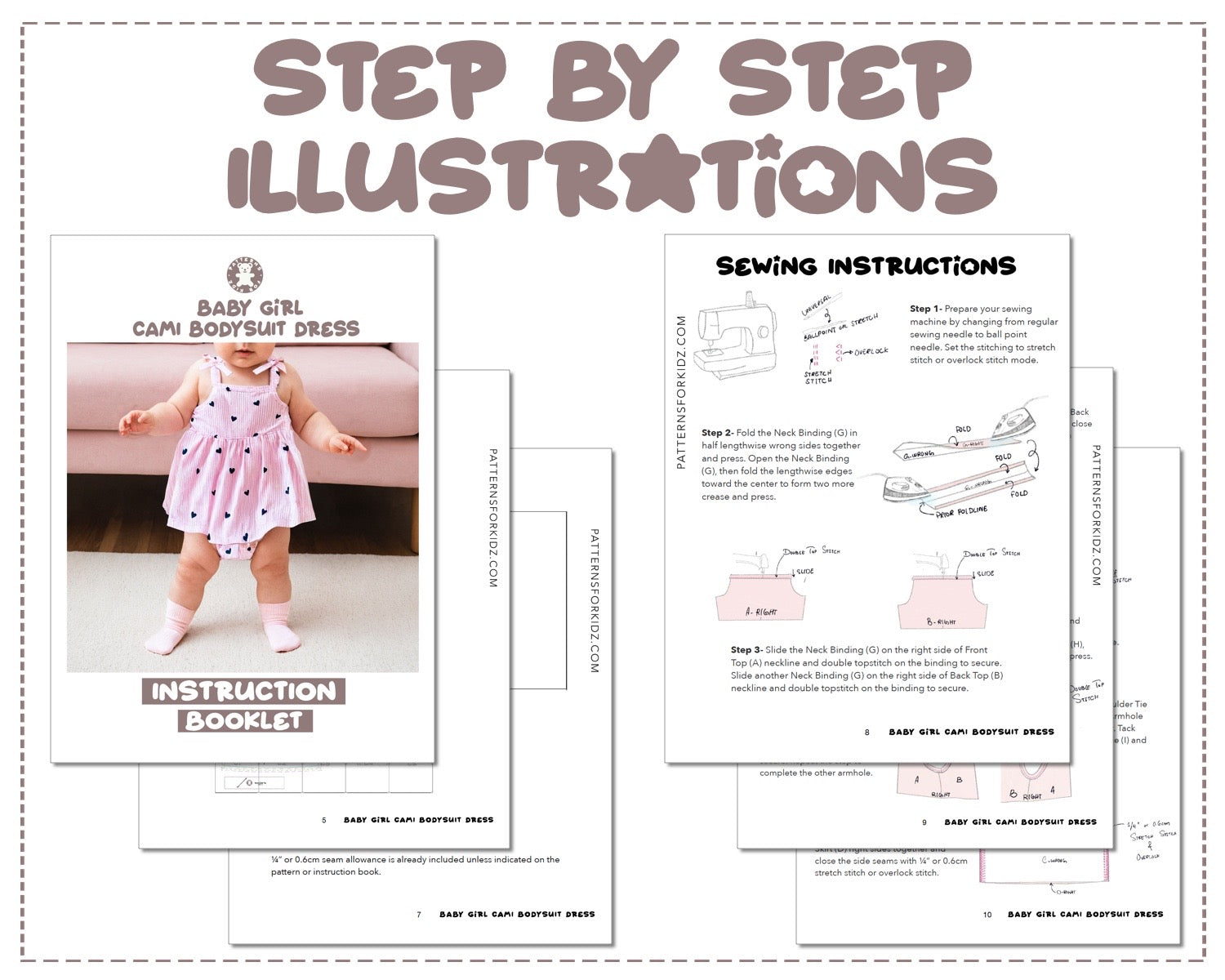 Baby Girl Cami Bodysuit Dress sewing pattern step by step illustrations.