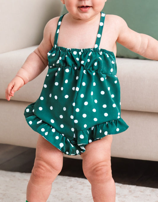 Front view of Baby Girl Cami Ruffle Hem Romper.