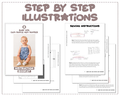 Baby Girl Cami Ruffle Hem Romper sewing pattern instruction booklet showing step by step illustrations to make the garment.
