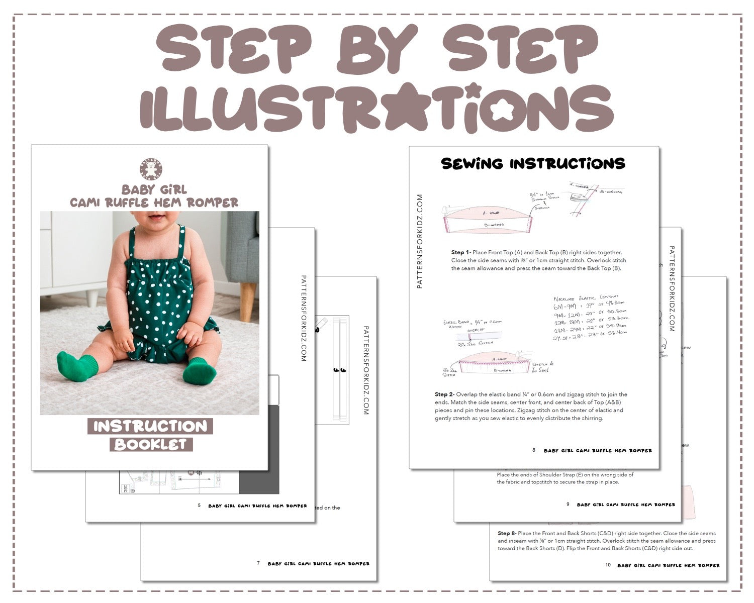 Baby Girl Cami Ruffle Hem Romper sewing pattern step by step illustrations.