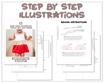 Baby Girl Colorblock Ruffle Hem Cami Dress sewing pattern step by step illustrations.