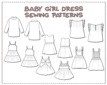 Illustration and detailed description for Baby Girl Dresss sewing pattern.