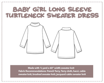 Illustration and detailed description for Baby Girl Long Sleeve Turtleneck Sweater Dress sewing pattern.