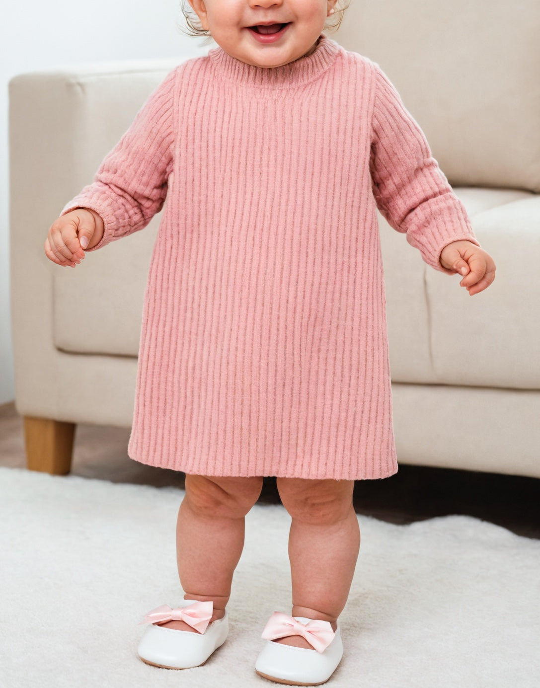 Front view of Baby Girl Long Sleeve Turtleneck Sweater Dress.