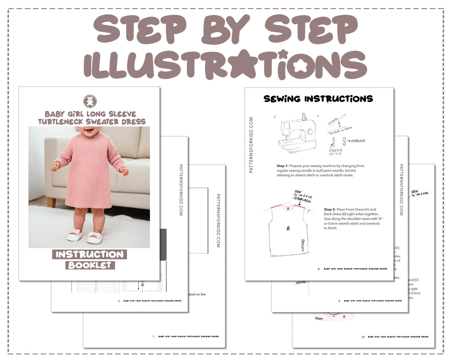 Baby Girl Long Sleeve Turtleneck Sweater Dress sewing pattern step by step illustrations.