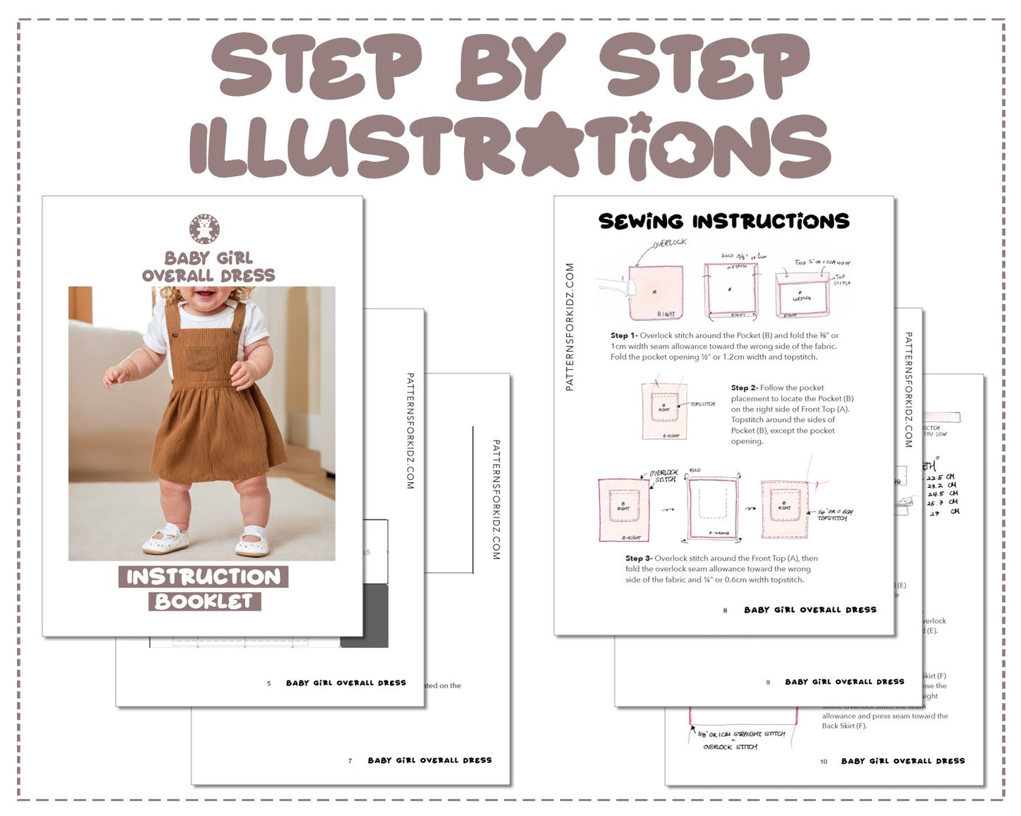 Baby Girl Overall Dress sewing pattern step by step illustrations.