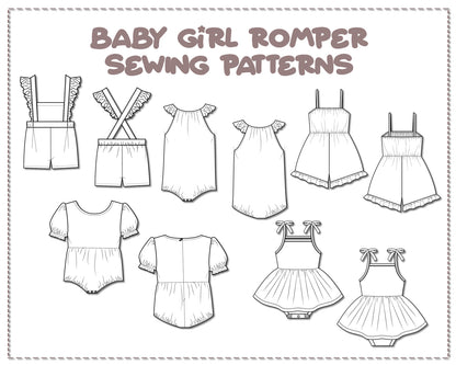 Illustration and detailed description for Baby Girl Romper sewing pattern.