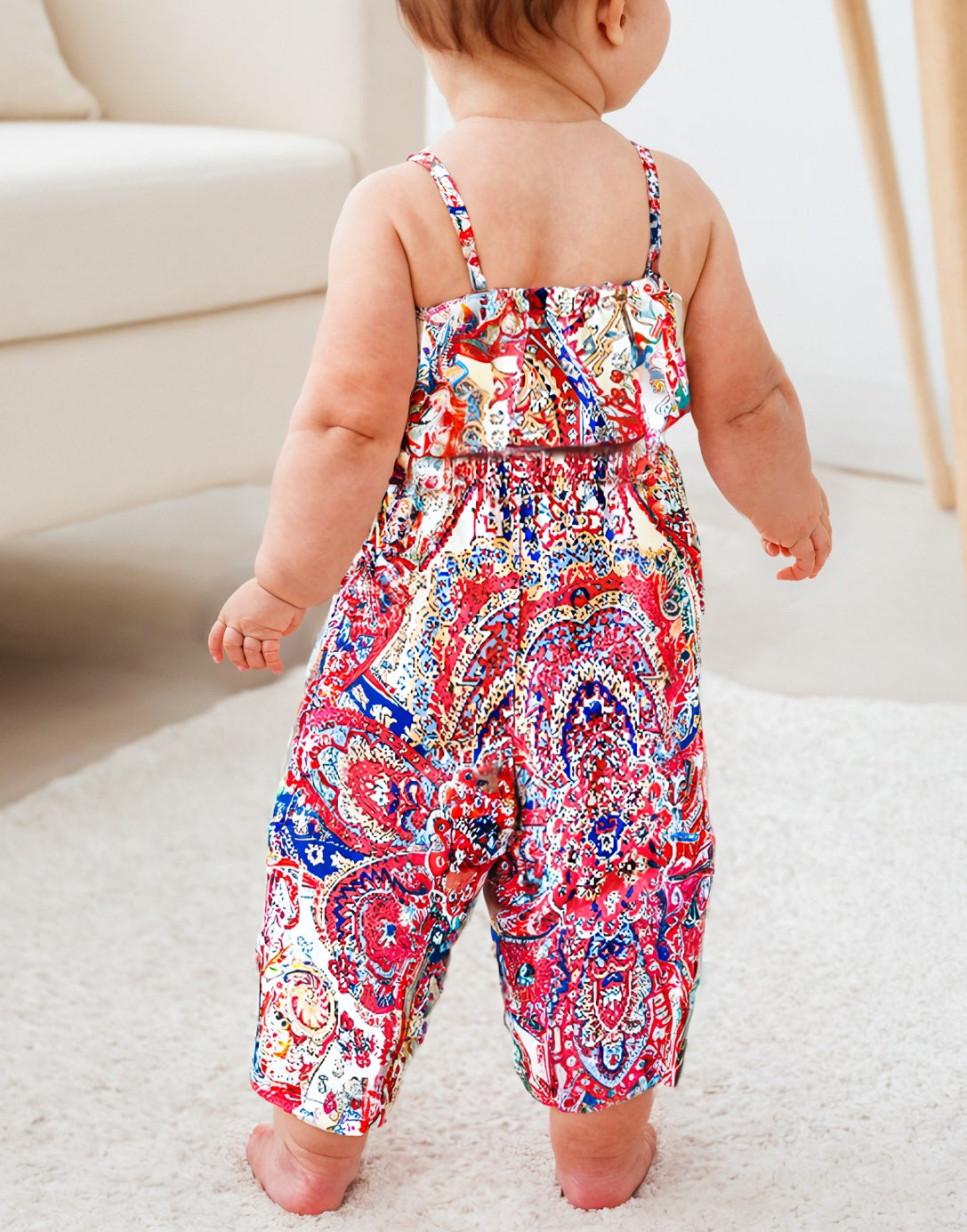 Back view of Baby Girl Ruffle Hem Cami Top and Wide Leg Pants Set.