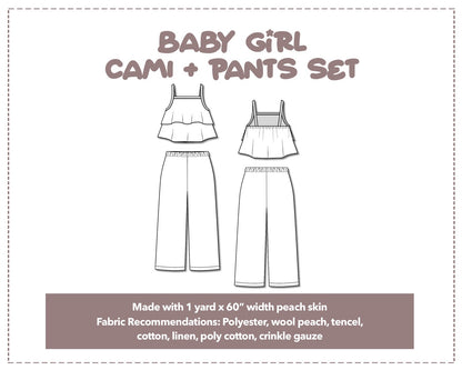 Illustration and detailed description for Baby Girl Ruffle Hem Cami Top and Wide Leg Pants Set sewing pattern.