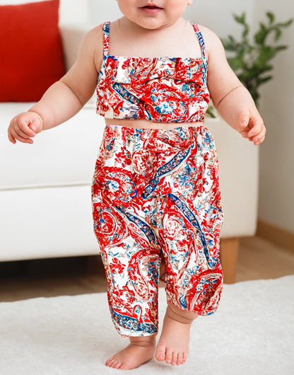 Front view of Baby Girl Ruffle Hem Cami Top and Wide Leg Pants Set.